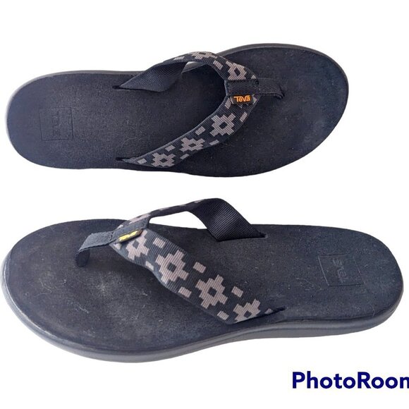 Teva Voya Flip Flop Grey Block on Black Pattern Thong Size 11 - Picture 3 of 8